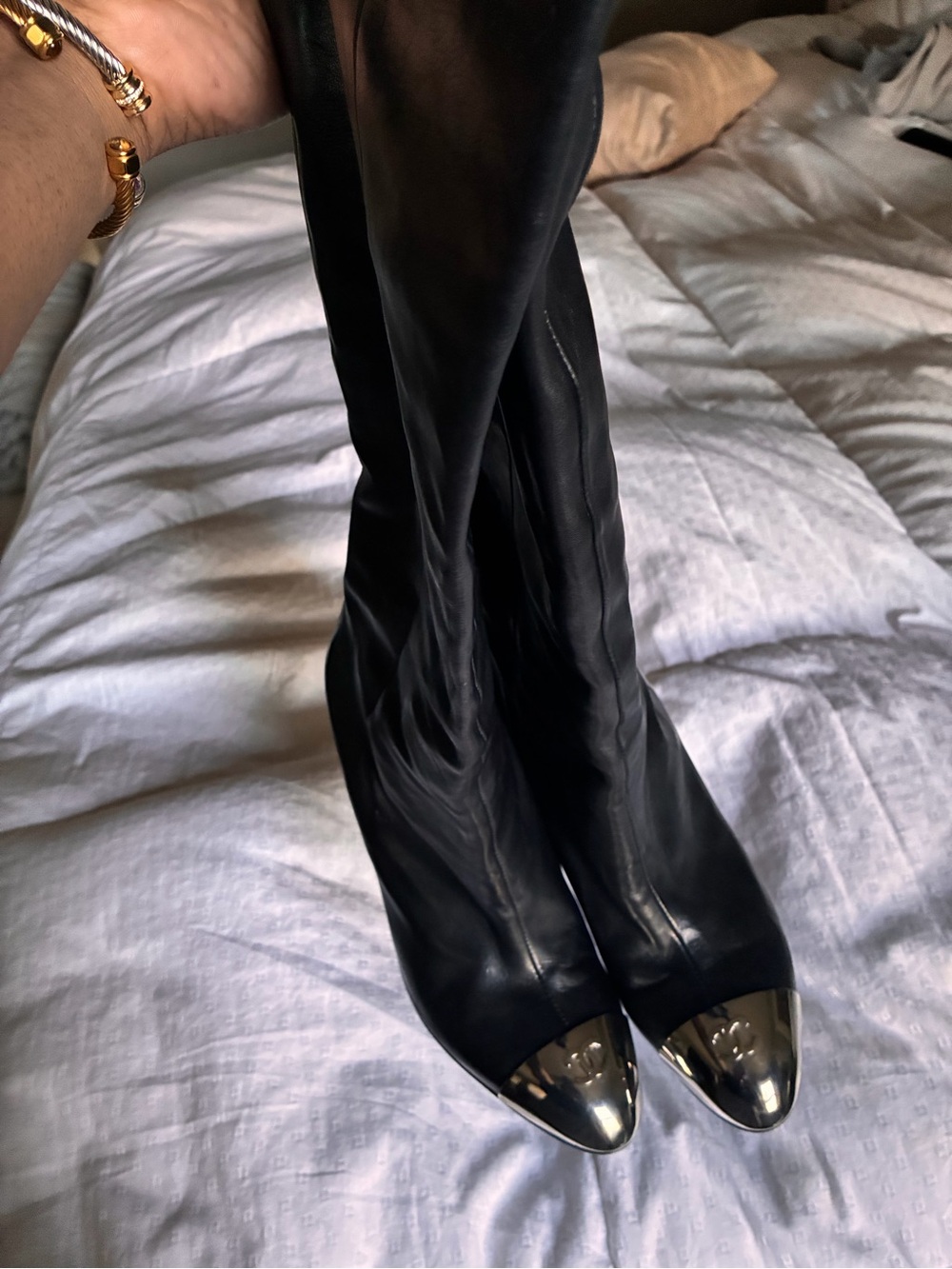 AUTHENTIC Black Leather CHANEL Knee-High Boots with Silver Cap Toe - Picture 11 of 12